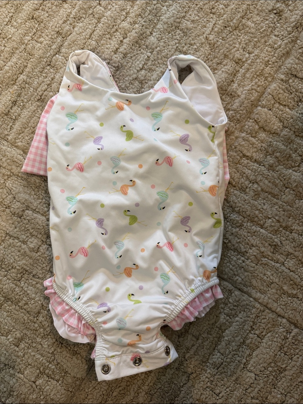 James and Lottie White Flamingo Print One-Piece Bodysuit with Pink Ruffle Trim